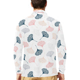 Black Gray Cream coral ginkgo leaves pattern Men's Long Sleeve Polo Shirt