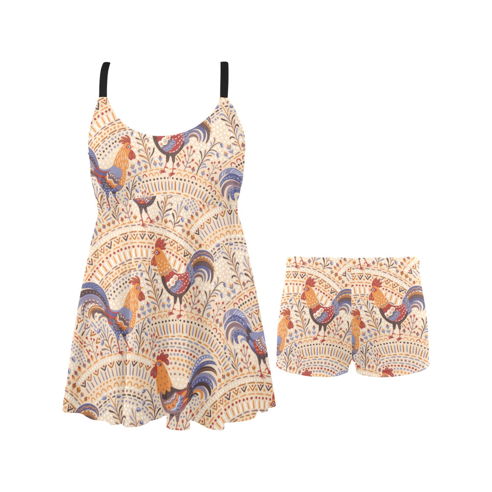 Cute rooster chicken cock floral ornament backgrou Chest Sexy Pleated Two Piece Swim Dress