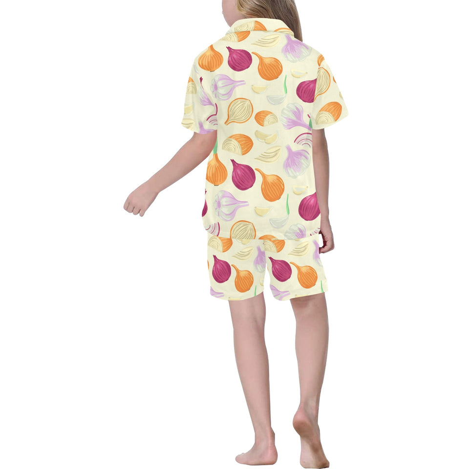 Onion garlic white red pattern Kids' Boys' Girls' V-Neck Short Pajama Set