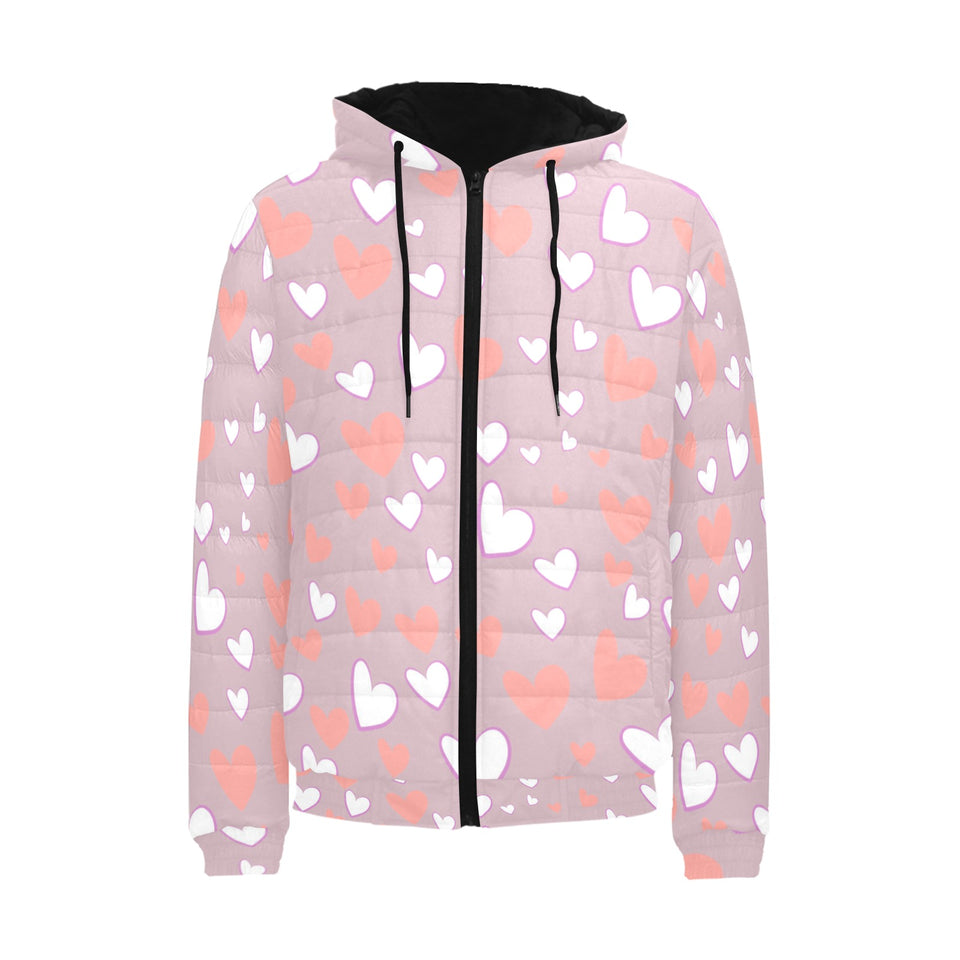 coral white heart pattern Men's Padded Hooded Jacket