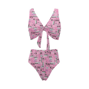 Piano Pattern Print Design 01 Chest Bowknot High Waisted Bikini Swimsuit