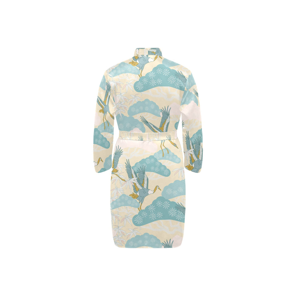 Bonsai bamboo stork japanese pattern cream theme Men's Long Sleeve Belted Night Robe