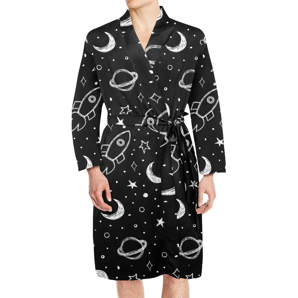 Hand drawn space rocket star planet Men's Long Sleeve Belted Night Robe