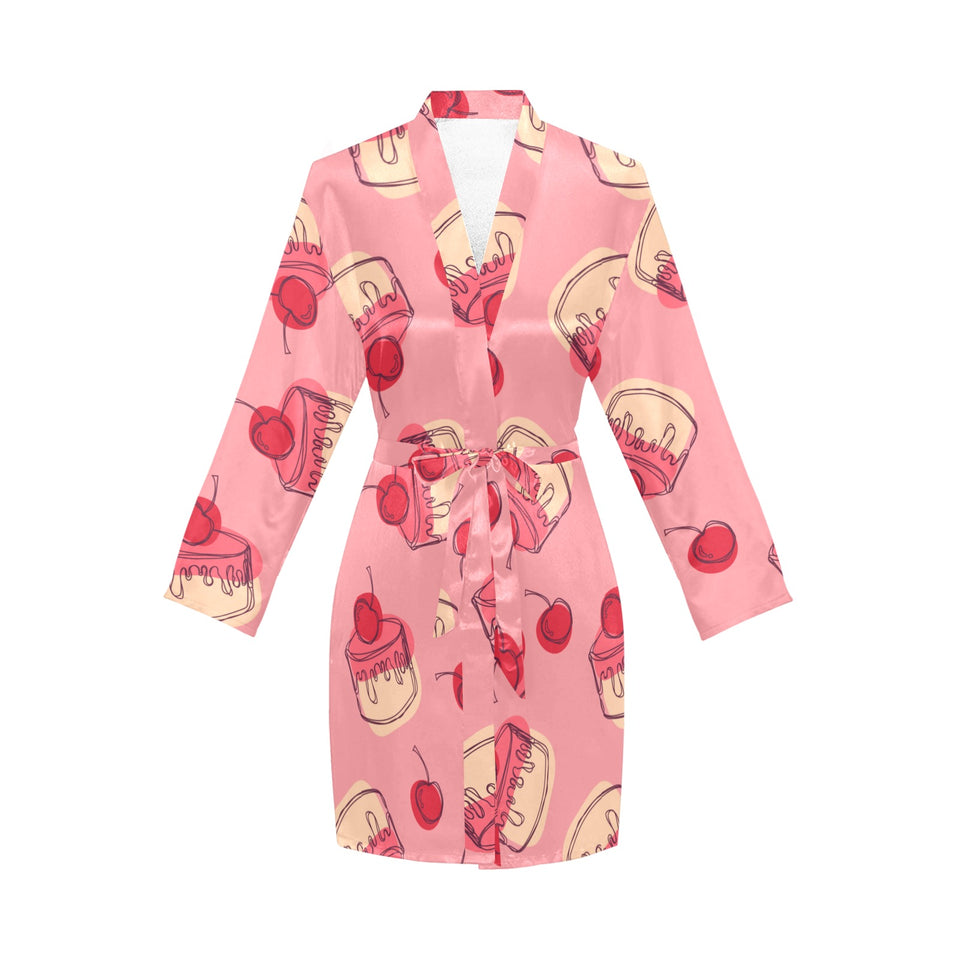 Cake cherry pattern Women's Long Sleeve Belted Night Robe