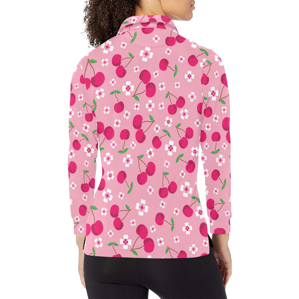 cherry flower pattern pink background Women's Long Sleeve Polo Shirt