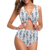 Seahorse pattern background Chest Bowknot High Waisted Bikini Swimsuit