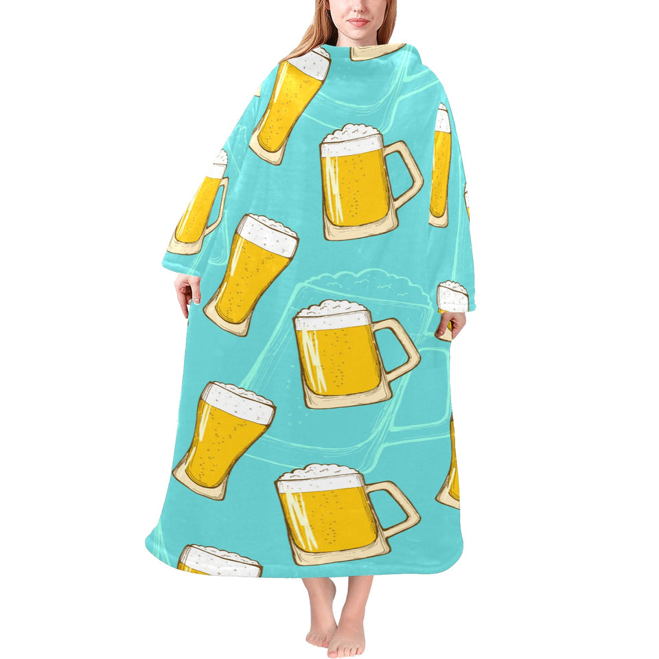 Beer pattern green background Blanket Robe with Sleeves