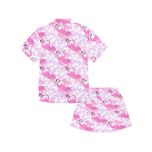 Pink flamingo flower pattern Kids' Boys' Girls' V-Neck Short Pajama Set