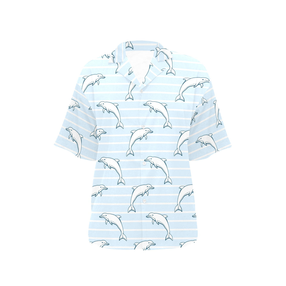 Dolphin blue striped background Women's All Over Print Hawaiian Shirt