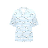 Dolphin blue striped background Women's All Over Print Hawaiian Shirt