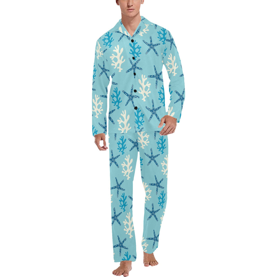 Blue starfish coral reef pattern Men's Long Pajama Set