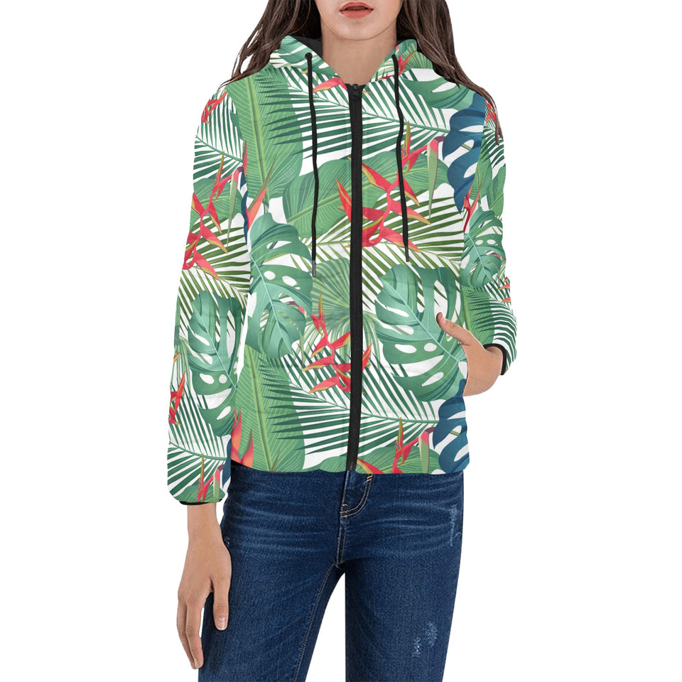 heliconia palm and monstera leaves pattern Women's Padded Hooded Jacket