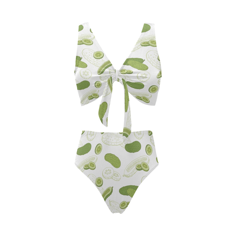 Cucumber sketch pattern Chest Bowknot High Waisted Bikini Swimsuit
