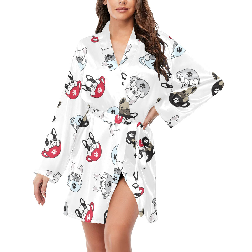 French bulldog cup paw pattern Women's Long Sleeve Belted Night Robe