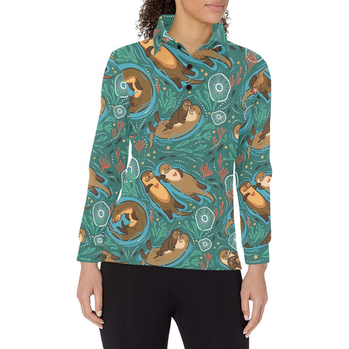cute brown sea otters ornamental seaweed corals gr Women's Long Sleeve Polo Shirt