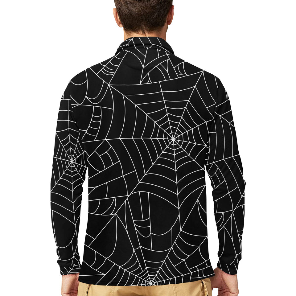 Spider web pattern Black background white cobweb Men's Long Sleeve Polo Shirt