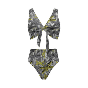 Hand drawn dragonfly pattern Chest Bowknot High Waisted Bikini Swimsuit
