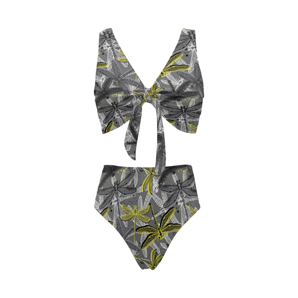 Hand drawn dragonfly pattern Chest Bowknot High Waisted Bikini Swimsuit
