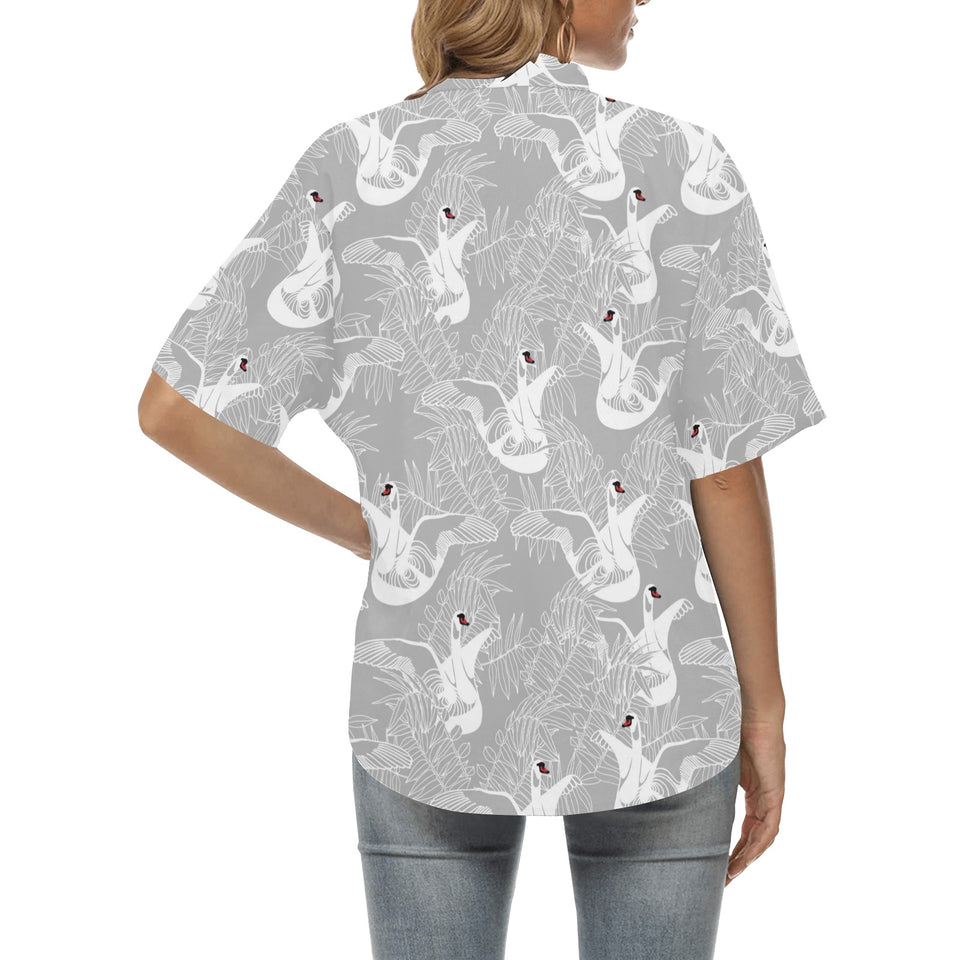 white swan gray background Women's All Over Print Hawaiian Shirt