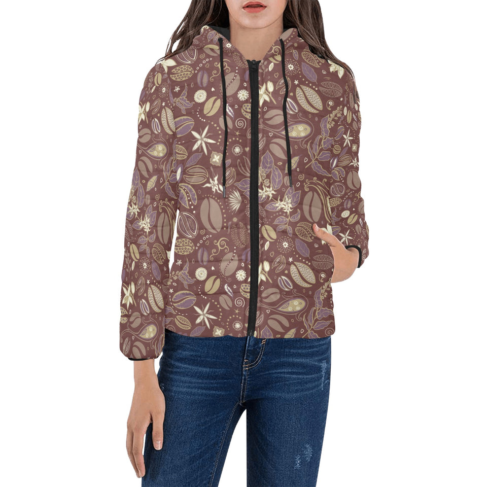 Coffee bean flower pattern Women's Padded Hooded Jacket