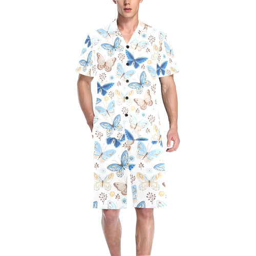 blue butterfly pattern Men's V-Neck Short Pajama Set