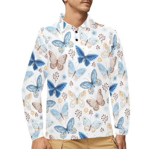 blue butterfly pattern Men's Long Sleeve Polo Shirt