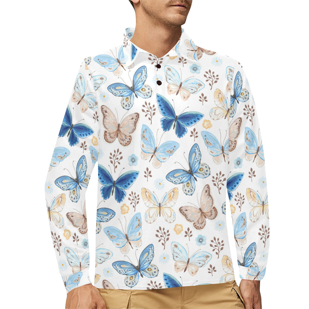 blue butterfly pattern Men's Long Sleeve Polo Shirt