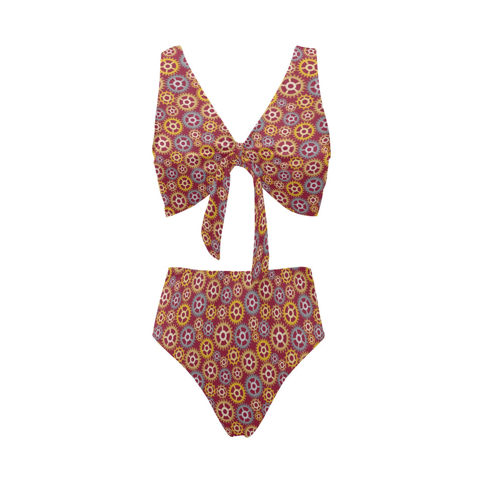 Gear Pattern Print Design 04 Chest Bowknot High Waisted Bikini Swimsuit
