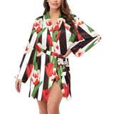 red and white tulips pattern Women's Long Sleeve Belted Night Robe