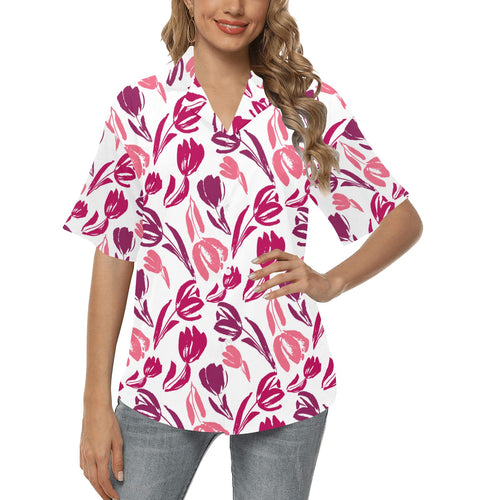 pink sketch tulip pattern Women's All Over Print Hawaiian Shirt