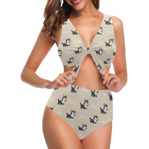 Cute Siberian Husky Chest Bowknot High Waisted Bikini Swimsuit