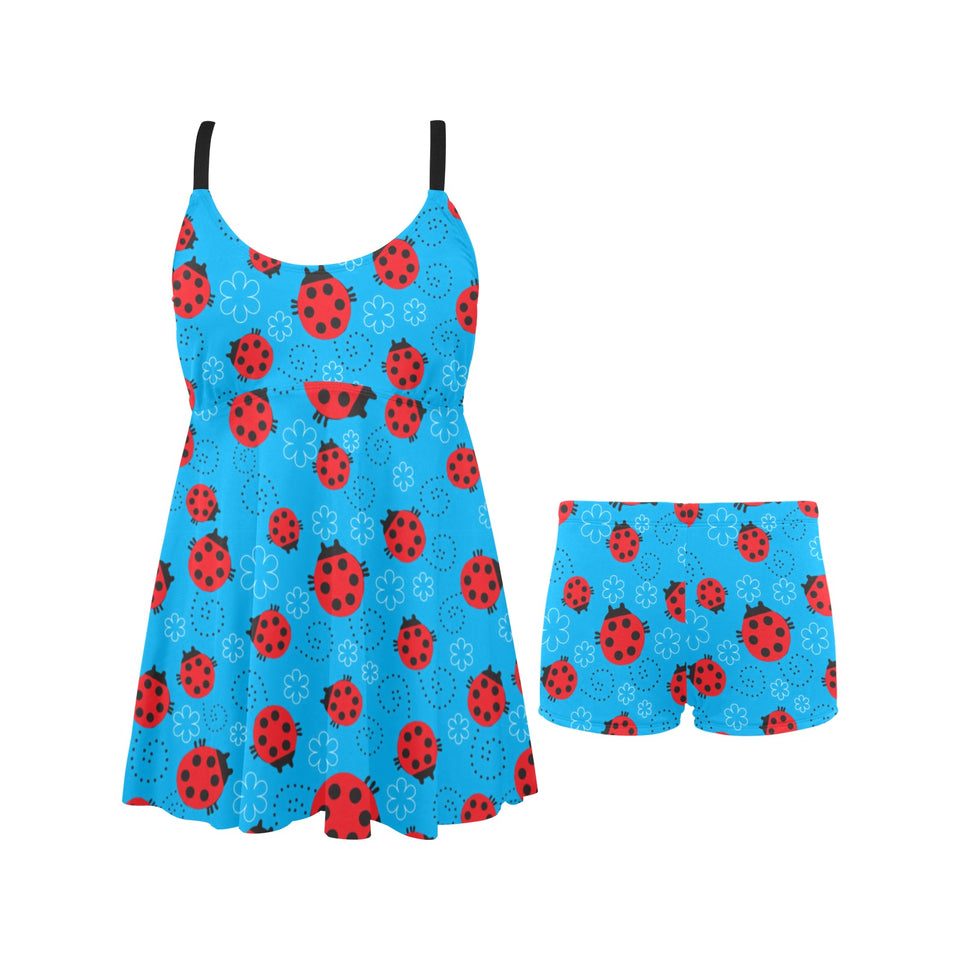 Ladybug Pattern Print Design 02 Chest Sexy Pleated Two Piece Swim Dress