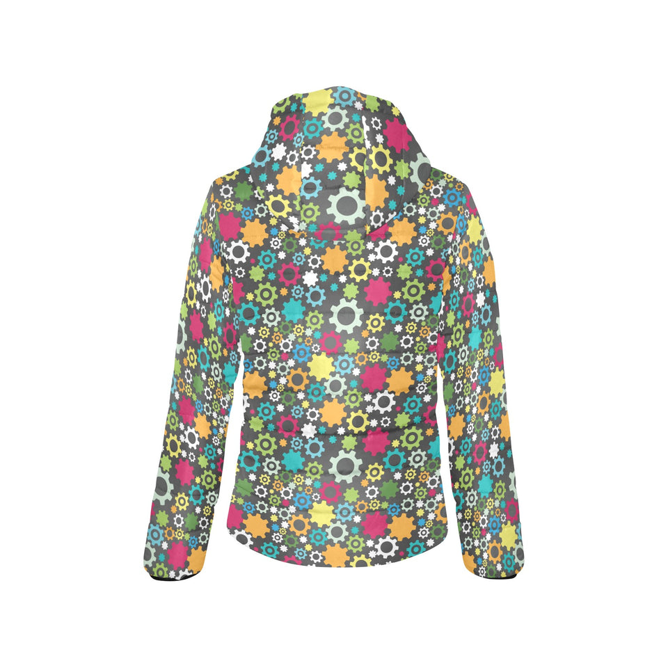 Gear Pattern Print Design 03 Women's Padded Hooded Jacket