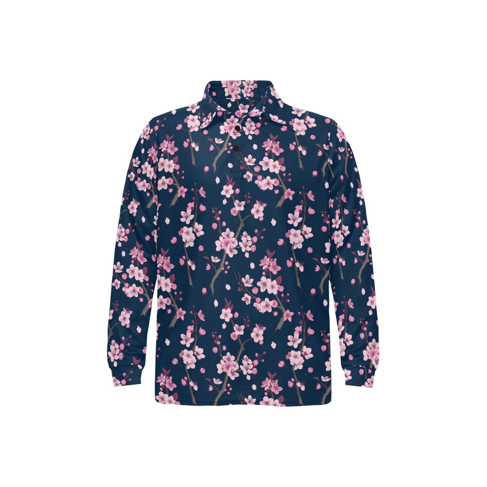 Pink sakura cherry blossom blue background Men's Long Sleeve Polo Shirt