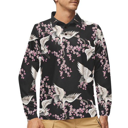 Japanese crane pink sakura pattern Men's Long Sleeve Polo Shirt