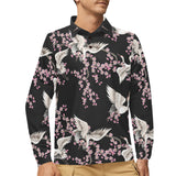 Japanese crane pink sakura pattern Men's Long Sleeve Polo Shirt