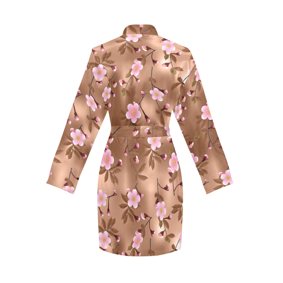Pink sakura cherry blossom drak brown background Women's Long Sleeve Belted Night Robe