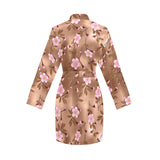 Pink sakura cherry blossom drak brown background Women's Long Sleeve Belted Night Robe