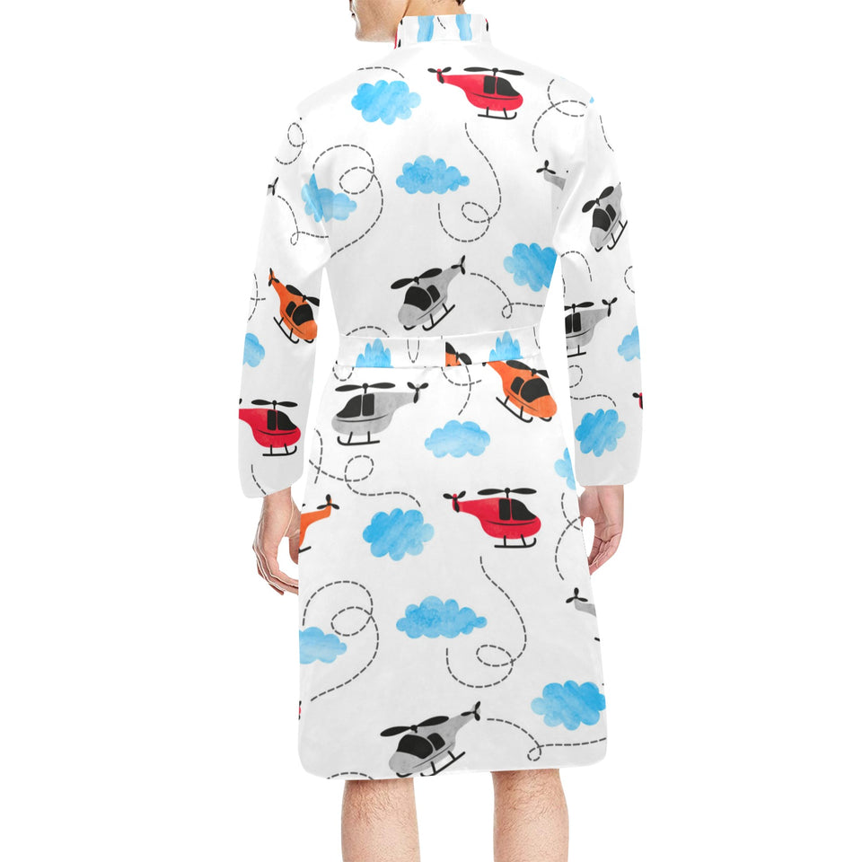 Watercolor helicopter cloud pattern Men's Long Sleeve Belted Night Robe