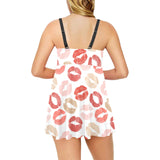Lips Pattern Print Design 04 Chest Sexy Pleated Two Piece Swim Dress