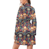 Sugar skulls flower maxican pattern Women's Long Sleeve Belted Night Robe