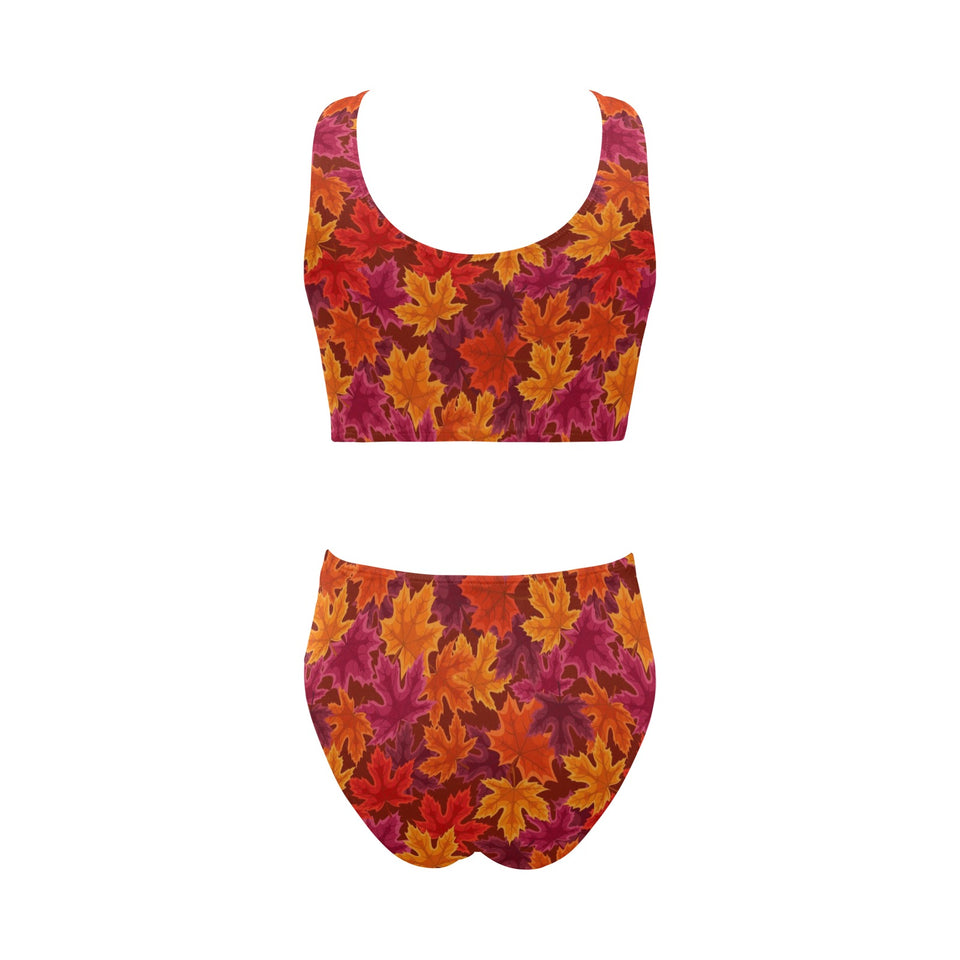 Autumn maple leaf pattern Chest Bowknot High Waisted Bikini Swimsuit