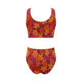 Autumn maple leaf pattern Chest Bowknot High Waisted Bikini Swimsuit