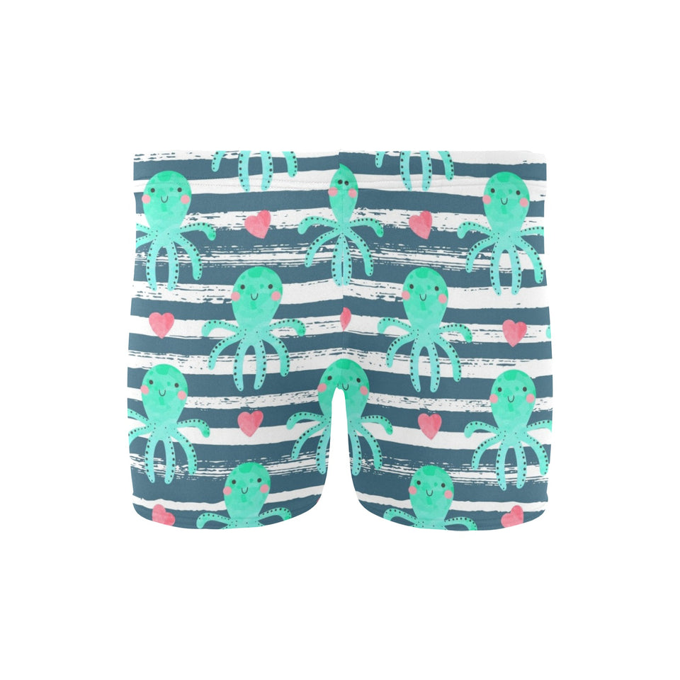 Cute octopuses heart striped background Men's Swimming Trunks