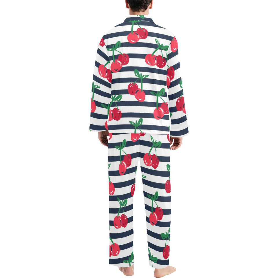 Hand drawn cherry pattern striped background Men's Long Pajama Set