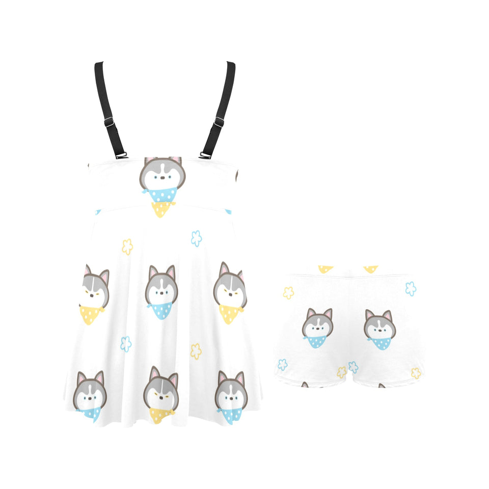 Cute Siberian Husky pattern Chest Sexy Pleated Two Piece Swim Dress