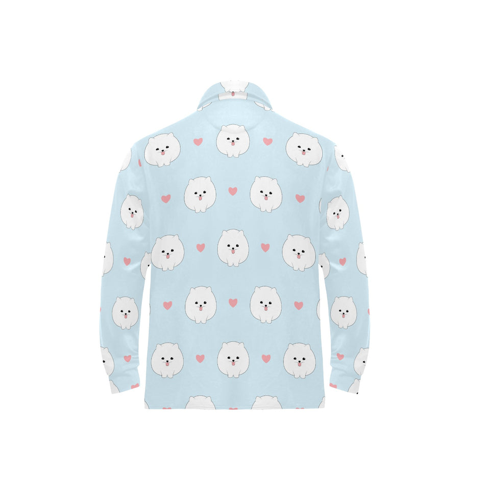 White cute pomeranian pattern Men's Long Sleeve Polo Shirt