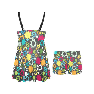 Gear Pattern Print Design 03 Chest Sexy Pleated Two Piece Swim Dress