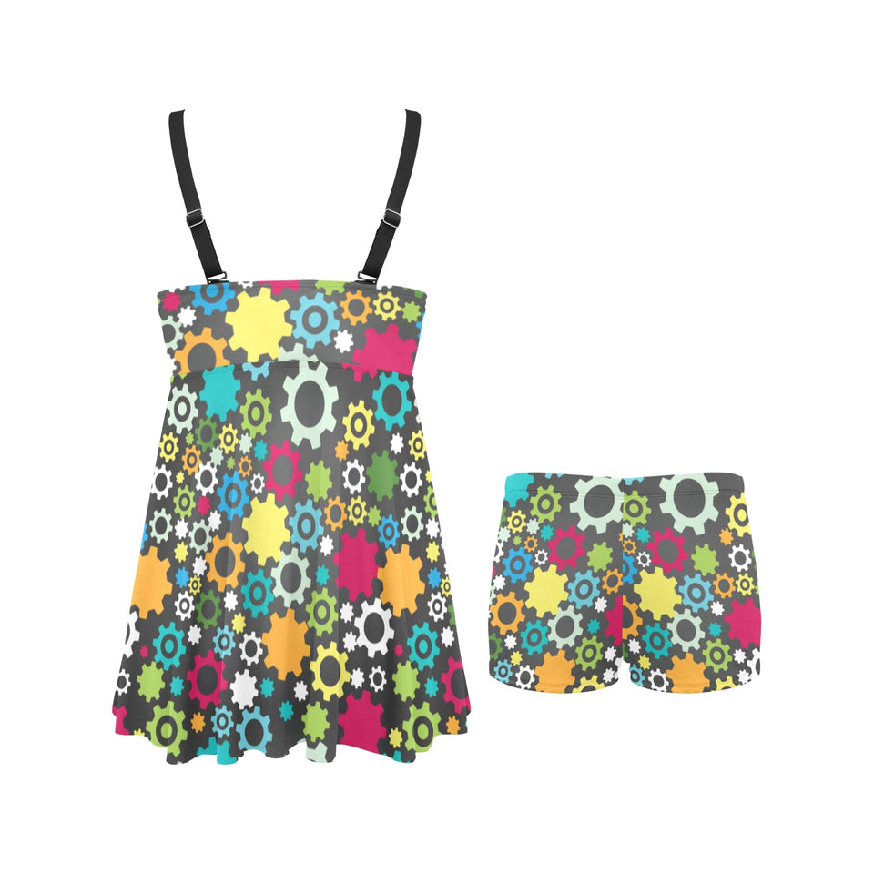 Gear Pattern Print Design 03 Chest Sexy Pleated Two Piece Swim Dress