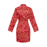 Gold dragons red background Women's Long Sleeve Belted Night Robe